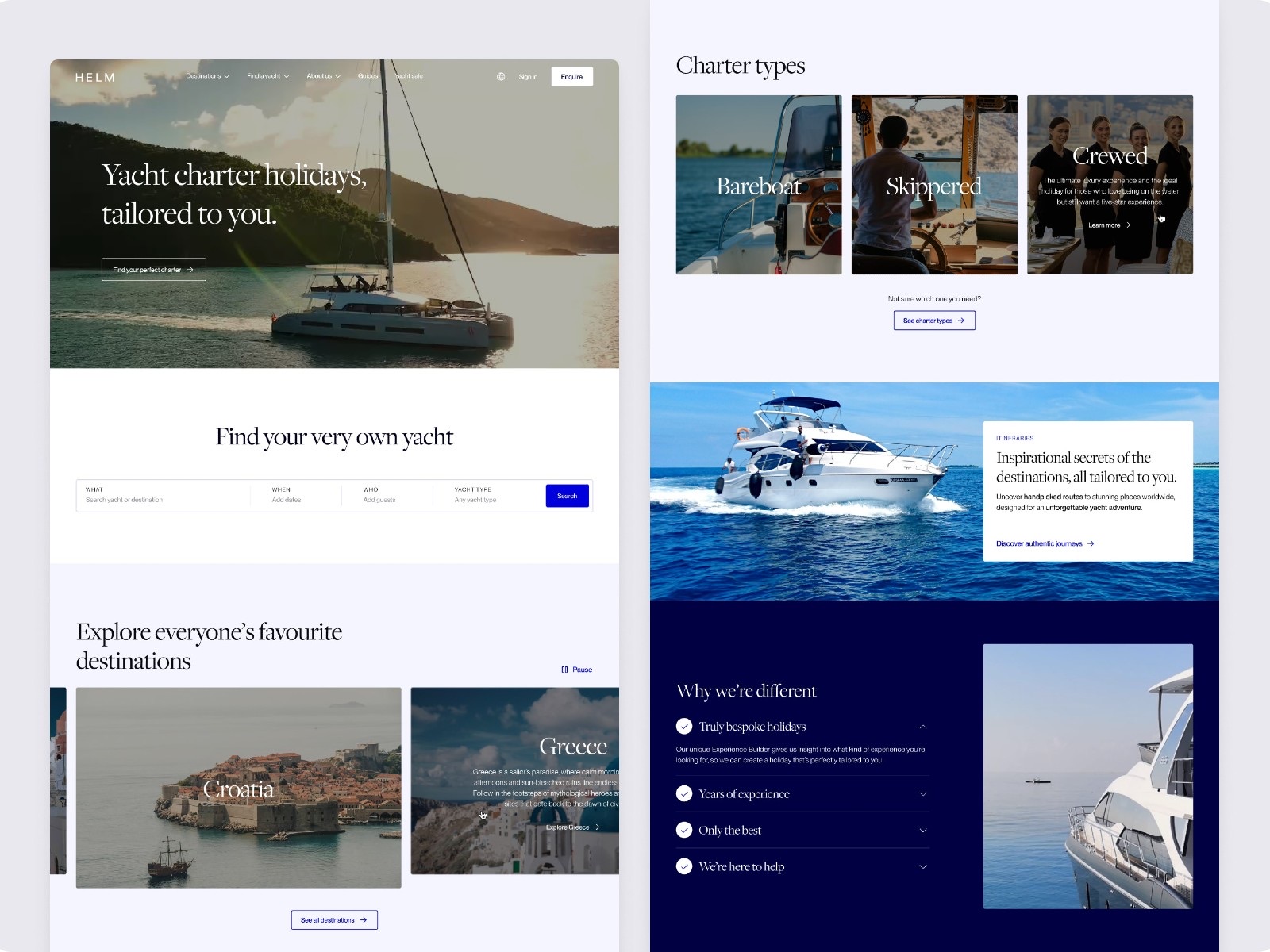 Helm yacht charter homepage screenshot