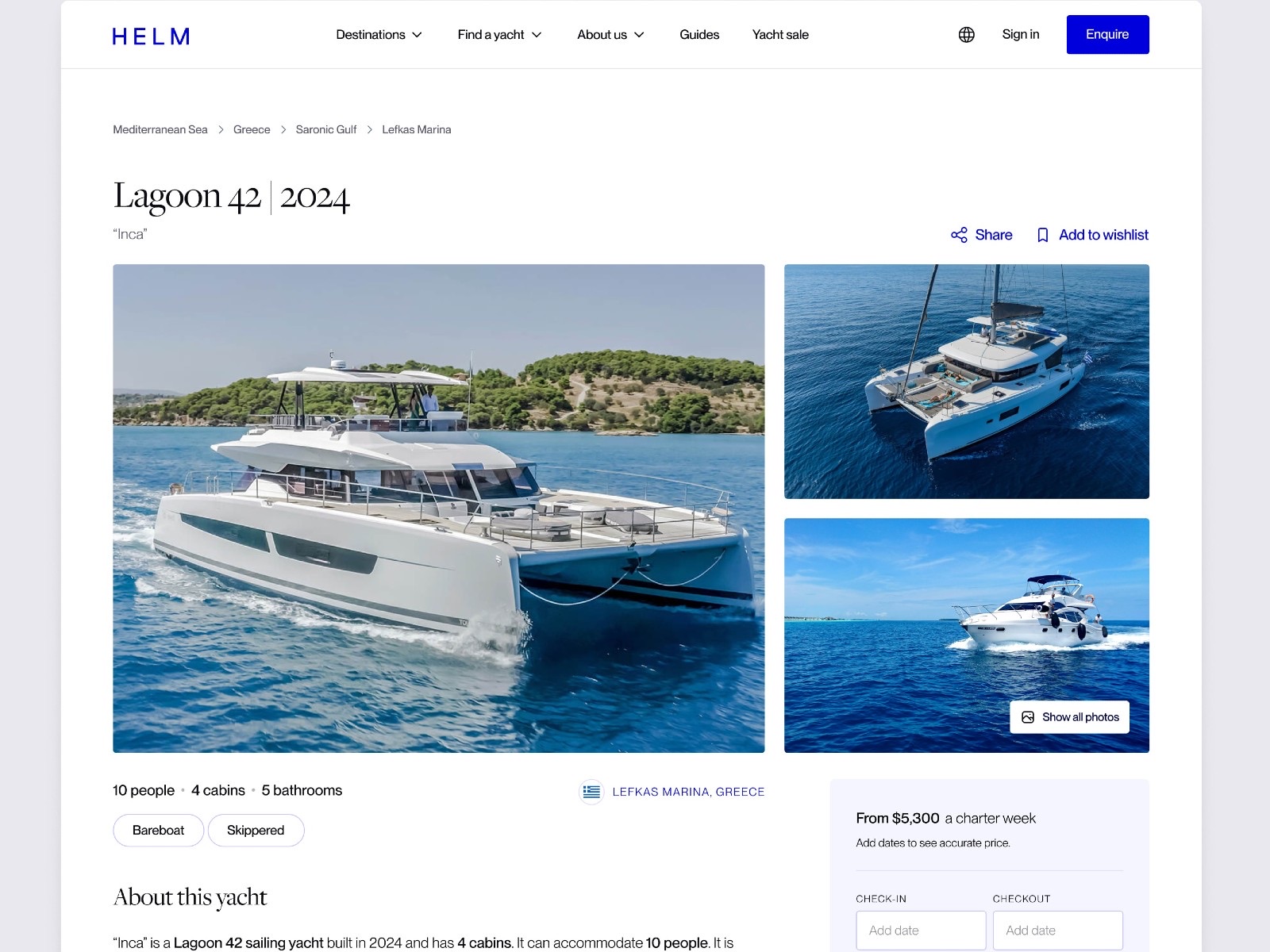Helm yacht charter destinations page screenshot