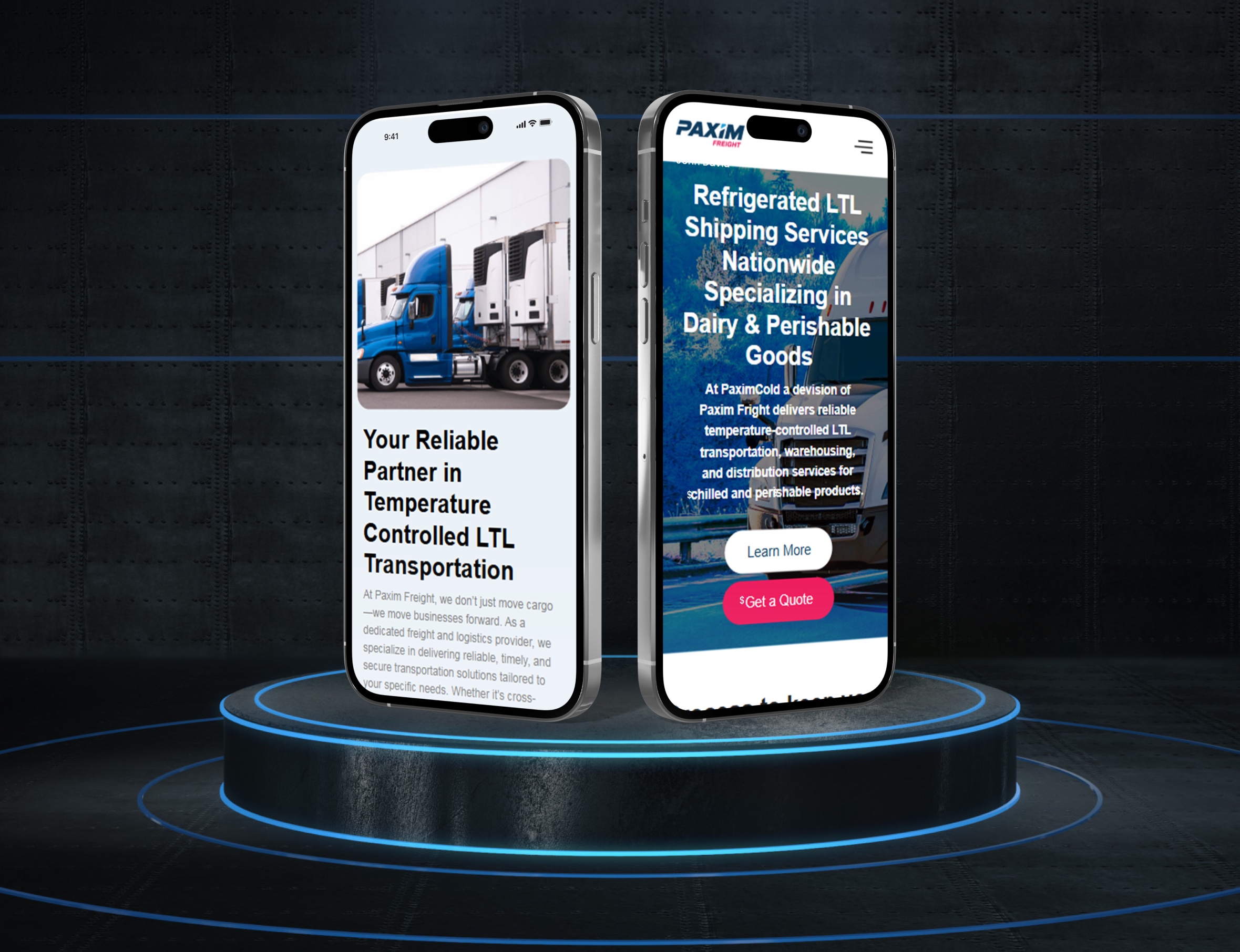 Paxim Freight website displayed on a mobile phone, showing the responsive homepage layout