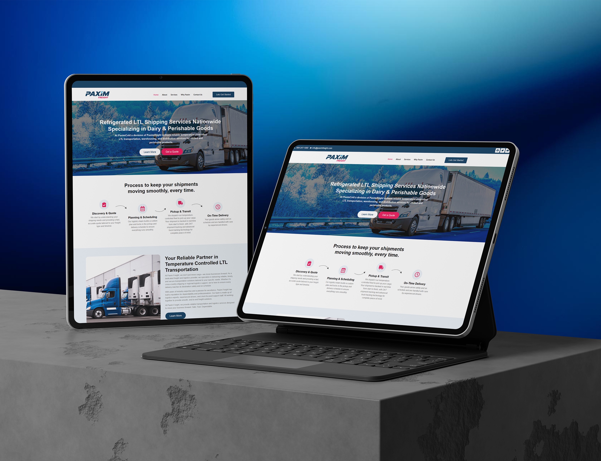 Paxim Freight website displayed on a tablet and laptop, showing the responsive homepage layout