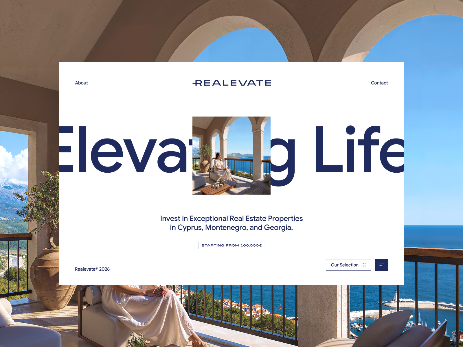 Realevate real estate investment website homepage with full-bleed property photography and bold editorial typography