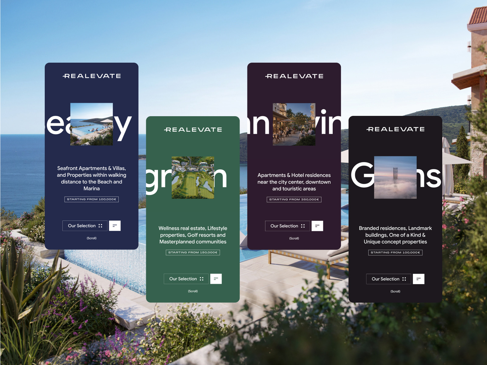 Realevate property portfolio pages for seafront, wellness, urban living, and landmark real estate categories